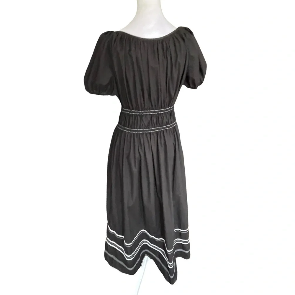 Kate Spade Ric Rac Riviera Black Puff Sleeve Smocked Midi Dress Large